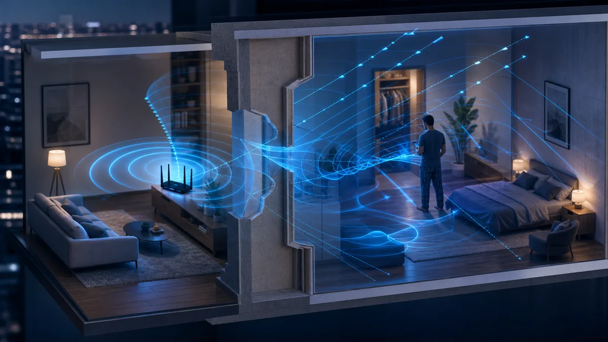 Sezione di un appartamento con percorsi WiFi che attraversano e riflettono su una parete