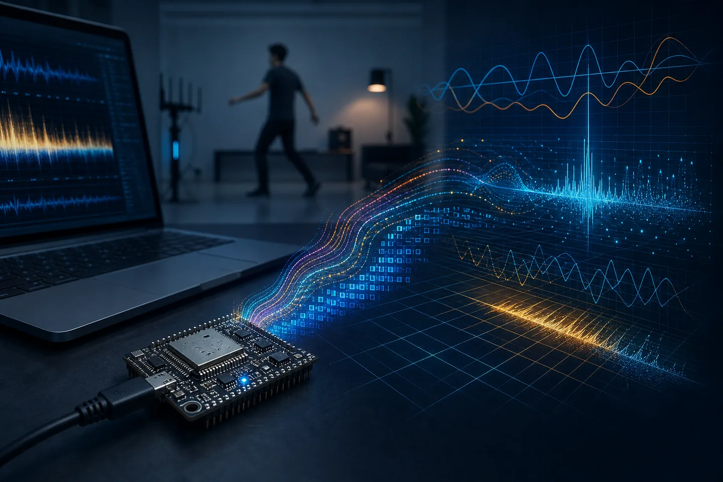 노트북에 연결된 ESP32-S3와 움직임에 반응하는 CSI 파형