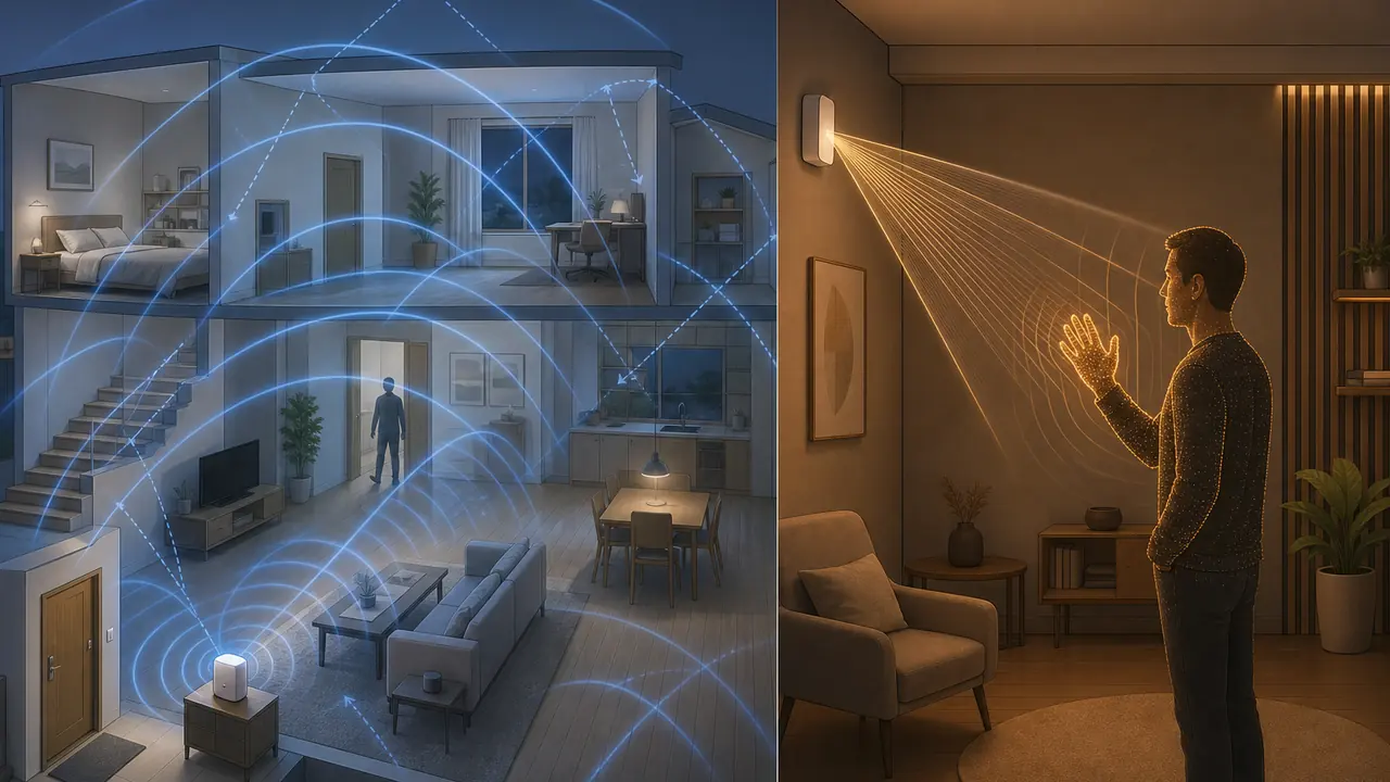 Comparativa editorial entre sensado Wi-Fi amplio en Sub-7 GHz y sensado preciso de corto alcance en 60 GHz
