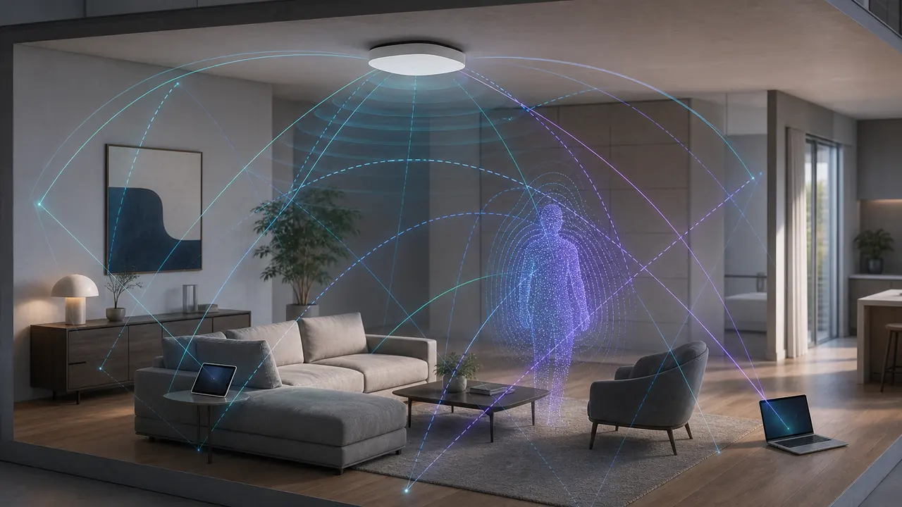 Ilustración editorial de IEEE 802.11bf detección Wi-Fi usando señales multitrayecto para inferir presencia humana