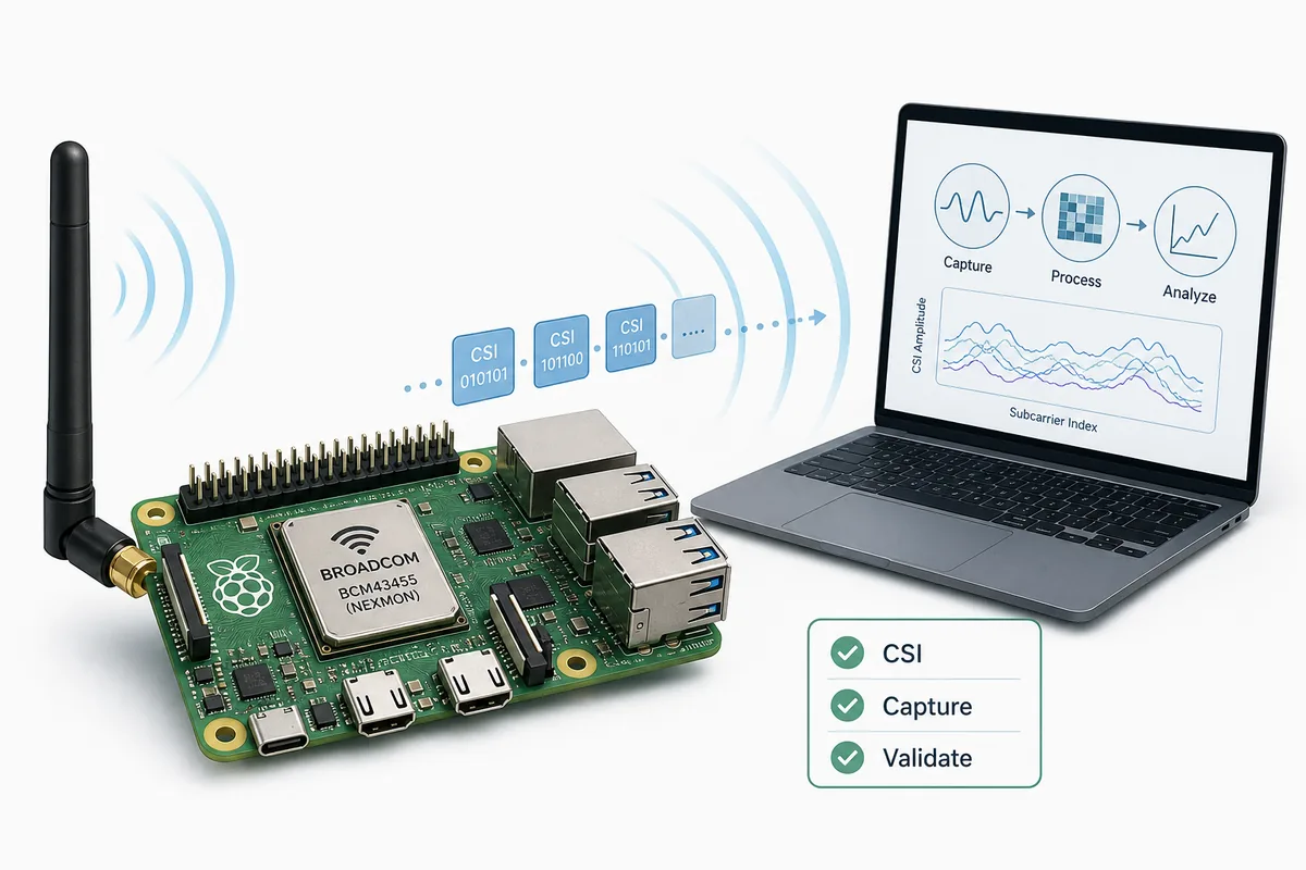 Editorial diagram of a Nexmon CSI capture path from Broadcom WiFi hardware into validation notes