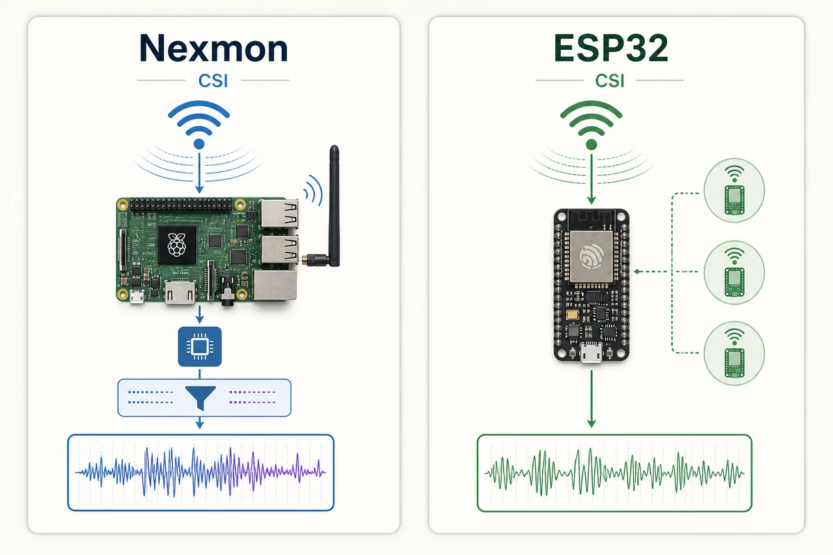 Comparison graphic showing Nexmon CSI and ESP32 CSI as two WiFi sensing capture paths