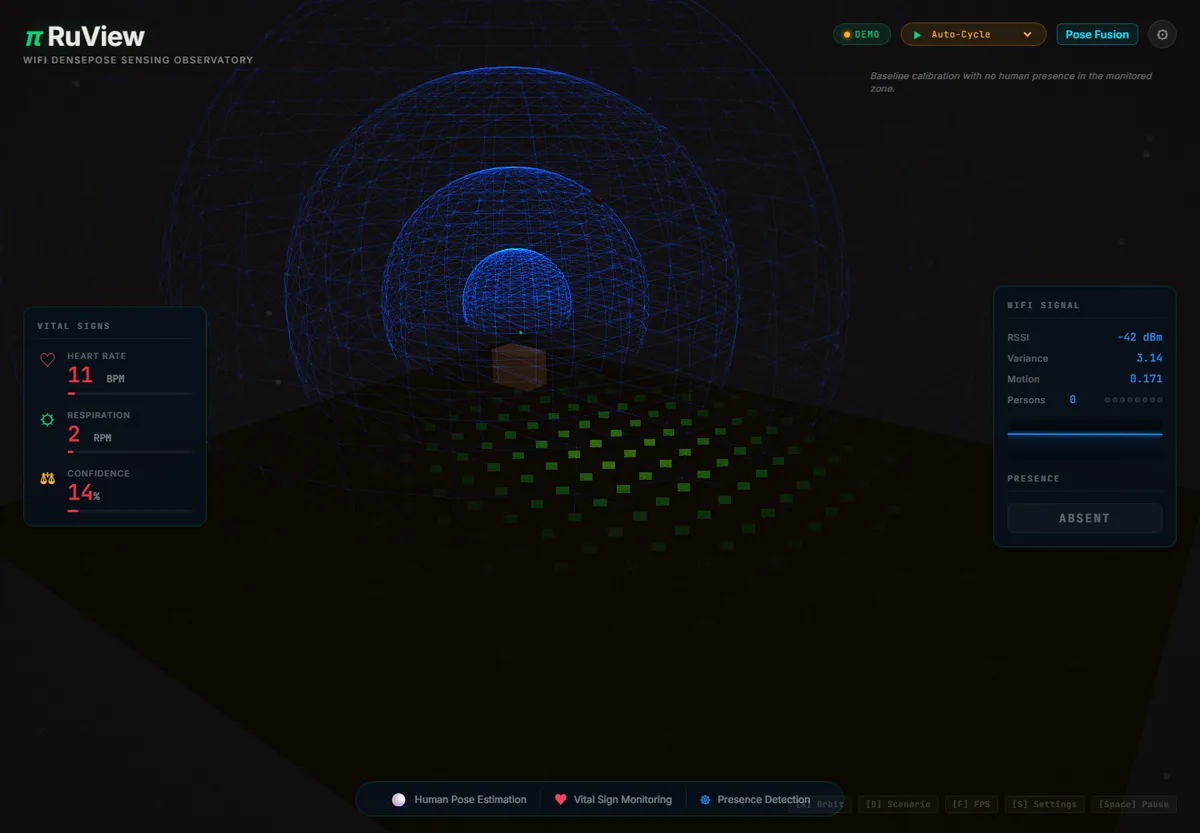 Screenshot of the official RuView hosted demo used as the first step in a Pi RuView setup workflow