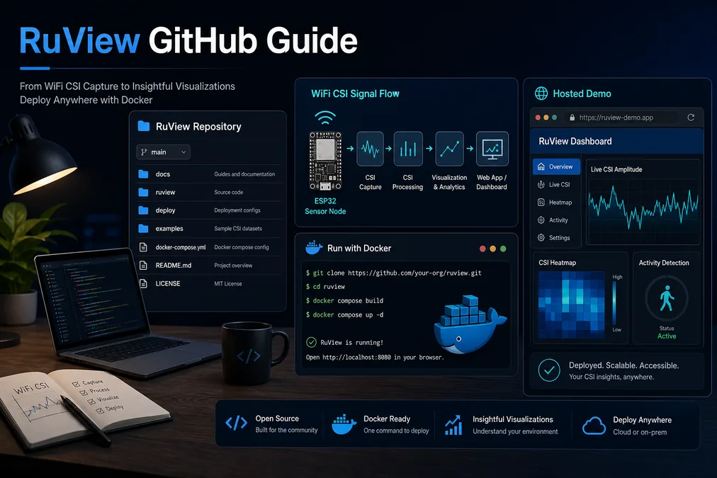 Technical diagram showing the RuView GitHub repository connected to the hosted demo, Docker setup, ESP32 CSI hardware, and WiFi sensing validation
