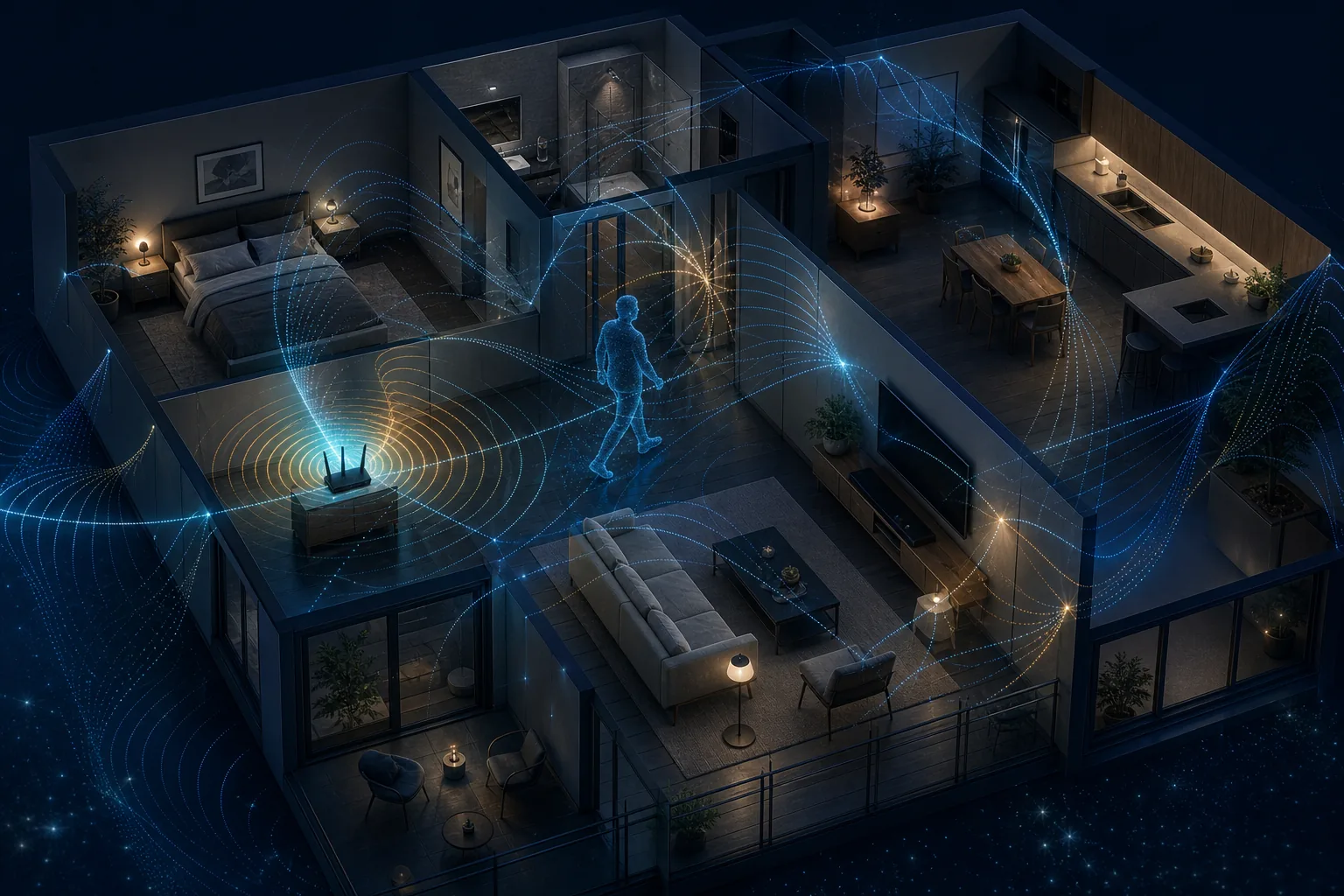 Sezione di una casa che mostra i percorsi radio WiFi mentre interagiscono con stanze, muri, mobili e una persona che cammina