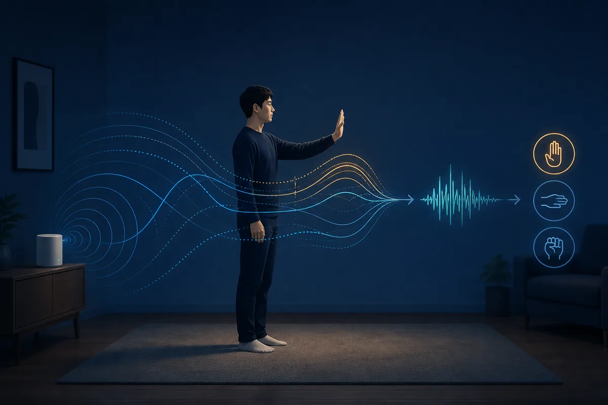 A person making a hand gesture while WiFi signal paths become a CSI waveform and gesture classes