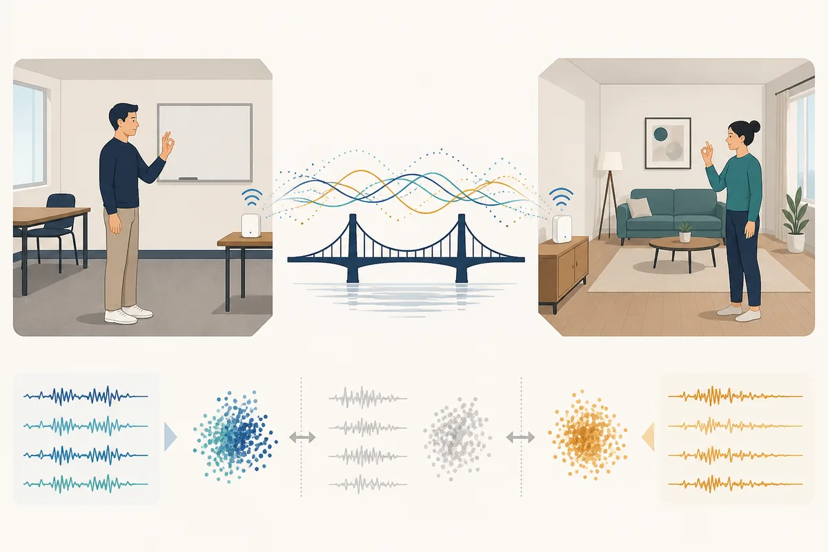 Two different rooms and participants connected by WiFi signal traces to illustrate cross-room gesture validation