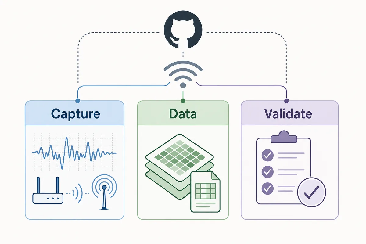 Grafico checklist editoriale per scegliere progetti open source WiFi CSI sensing tramite cattura dati e validazione