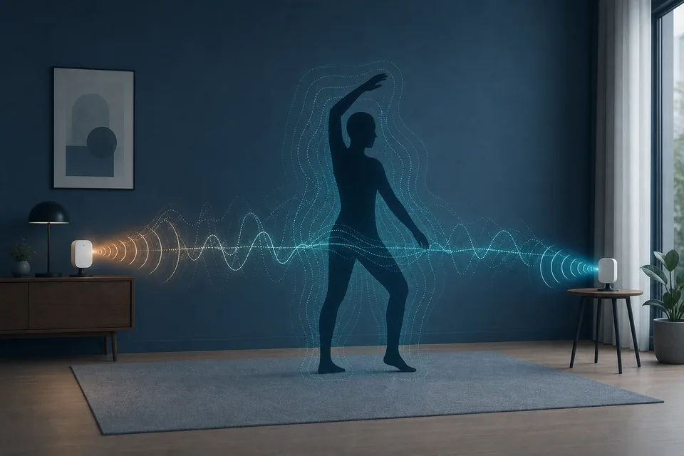 Editorial illustration of wireless signals crossing a room and forming an abstract human pose contour
