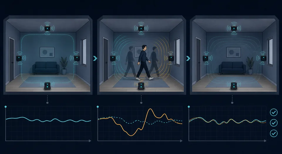 Editorial validation graphic showing an empty-room baseline, repeated movement trial, and reference comparison
