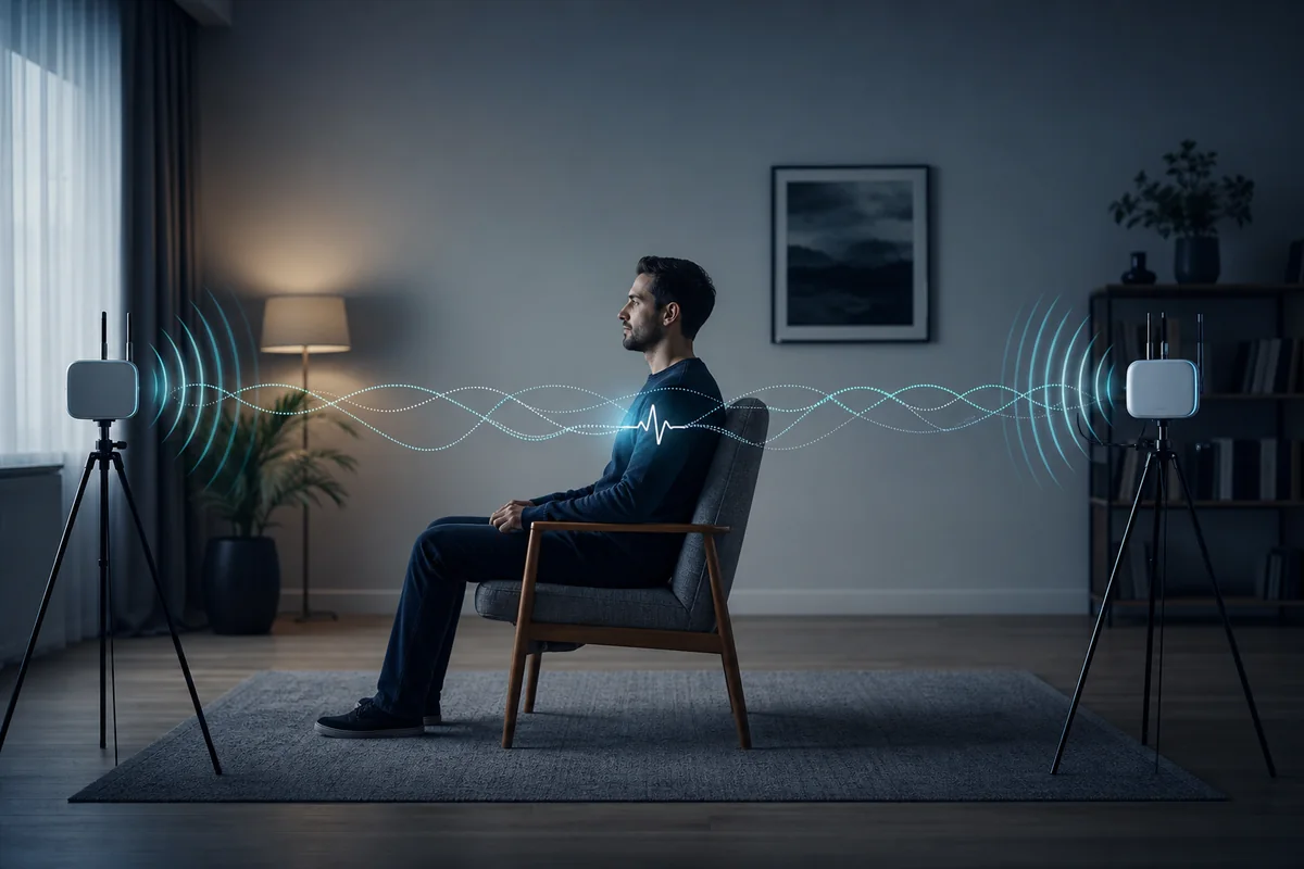 Person seated between WiFi transmitter and receiver while radio waves reflect subtle heartbeat-related chest motion