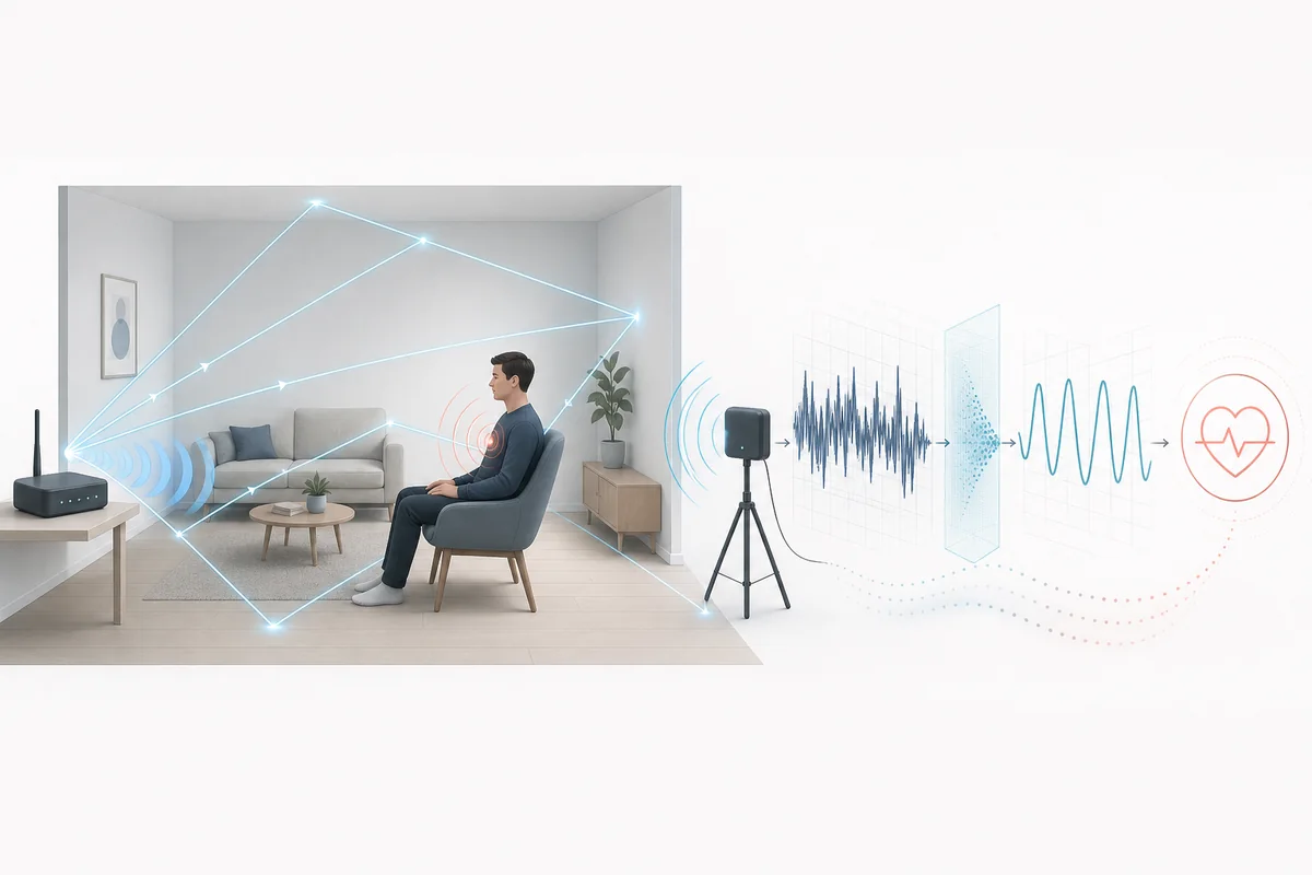 WiFi heartbeat sensing workflow from indoor radio reflections through CSI cleaning to a neutral heart-rate estimate