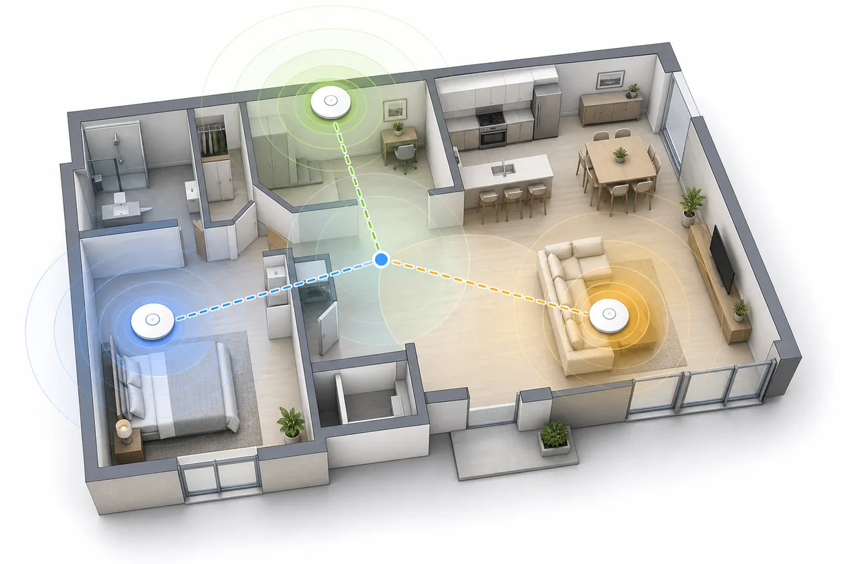 Diagrama editorial de puntos de acceso WiFi estimando una ubicación en un plano interior