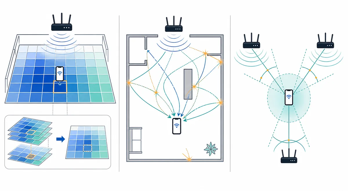 Diagrama comparativo de fingerprinting RSSI, multipath CSI y métodos por ángulo o tiempo