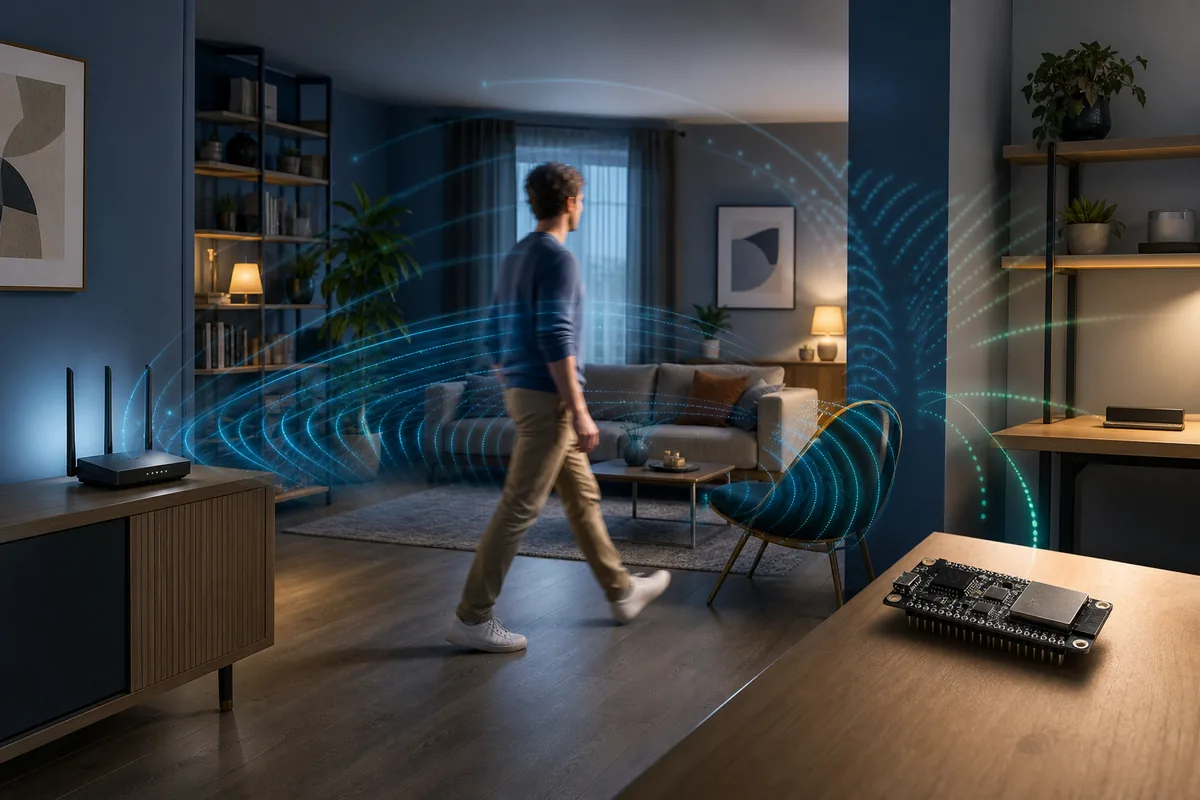 Person walking between a WiFi router and an ESP32 board while radio reflections change across a room