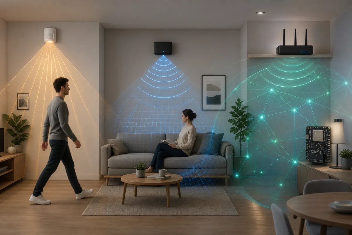 PIR, mmWave, and WiFi CSI sensing approaches observing walking and stationary people in one room
