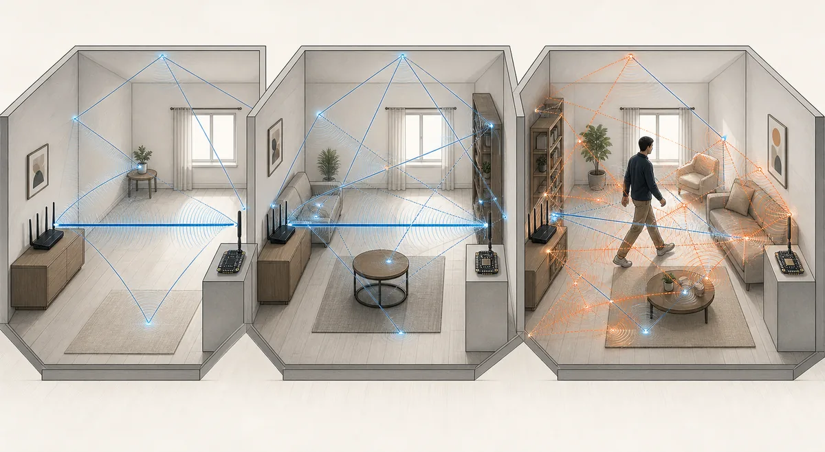 Three-stage WiFi motion detection validation from empty-room baseline to changed furniture and controlled walking