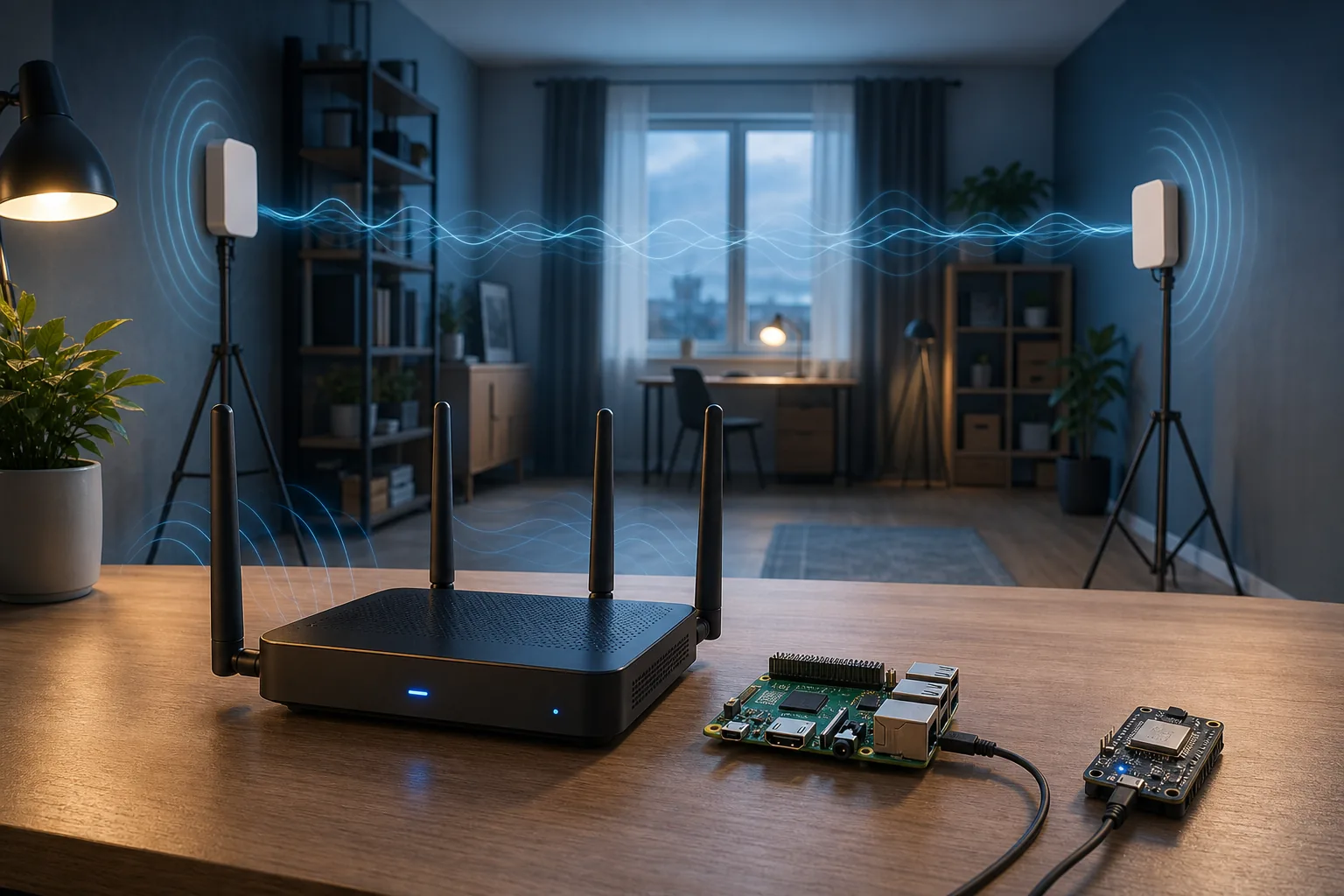 Setup di test per WiFi sensing con un router, un computer compatto e una scheda ESP32