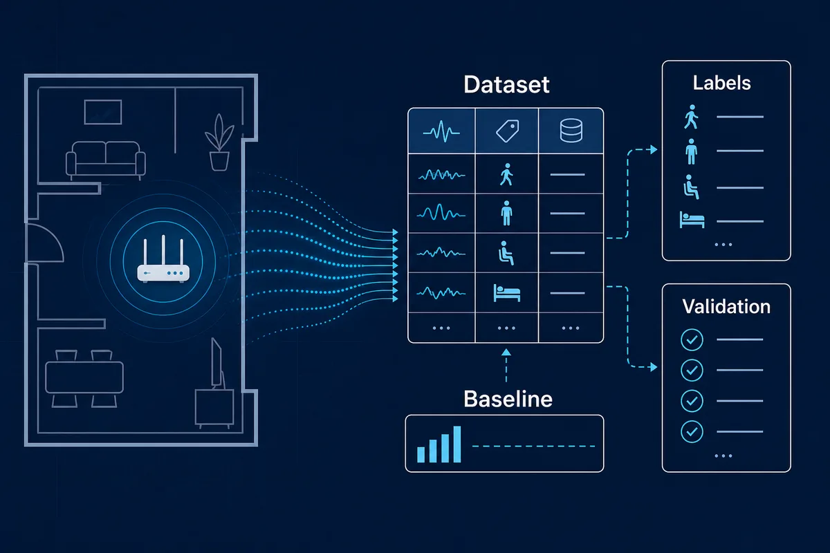 Infografica con dati WiFi che passano da una stanza a etichette, baseline e validazione