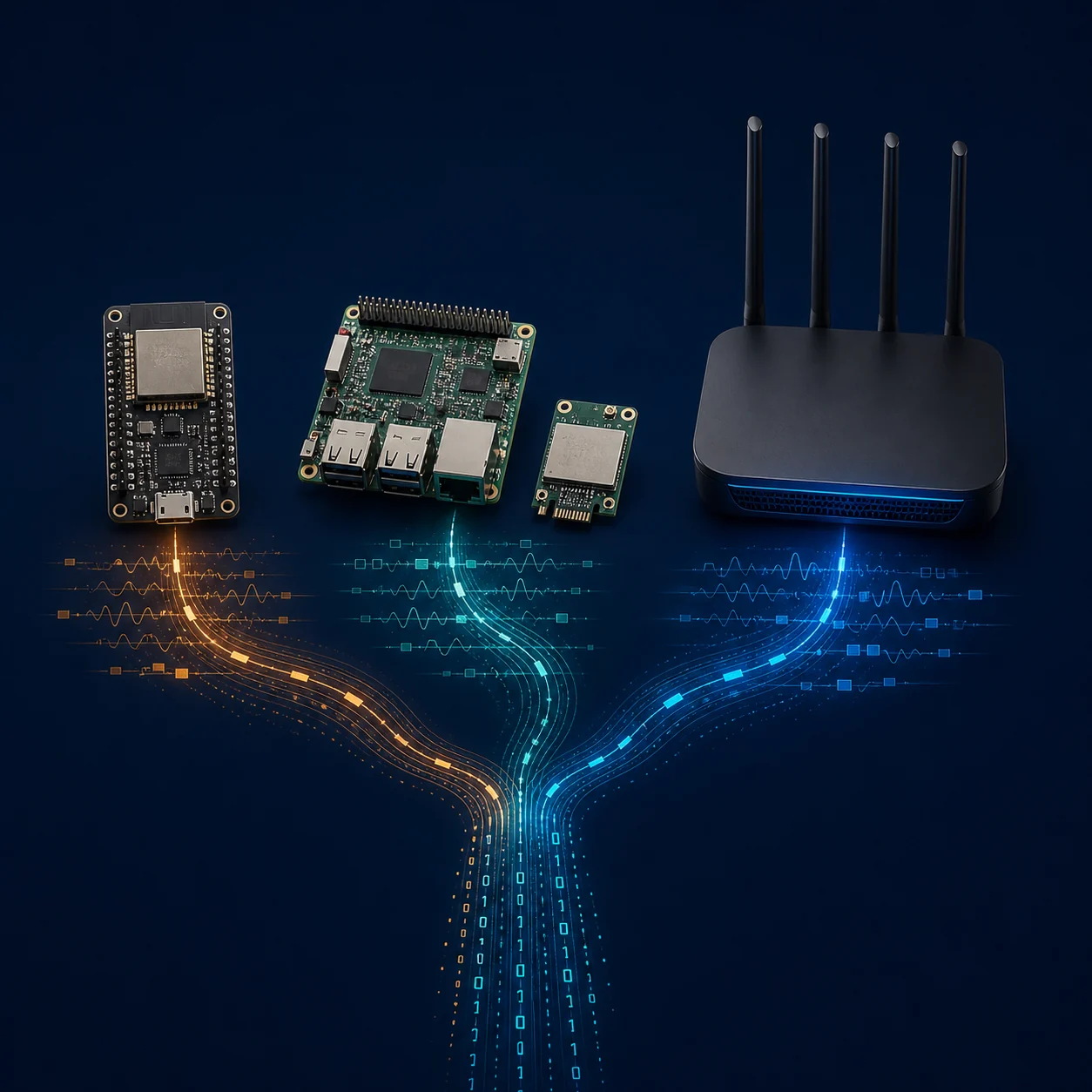 ESP32 board, edge computer, radio module, and router shown as separate WiFi sensing hardware paths
