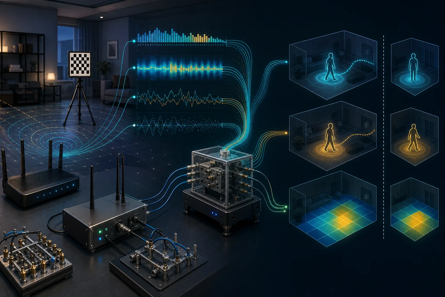Illustrazione editoriale di laboratorio della misura WiFi, delle caratteristiche del segnale, dell'inferenza e della validazione
