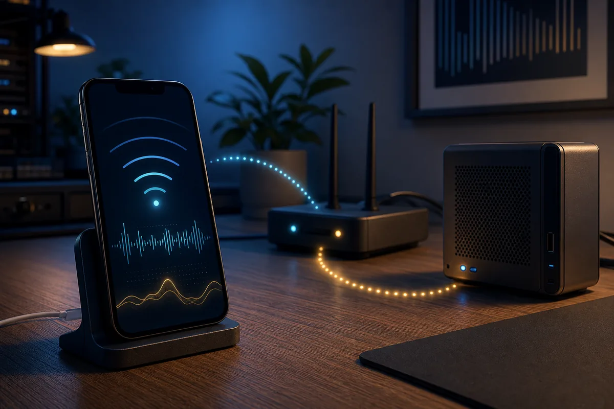 Editorial illustration of a phone connected to WiFi sensing hardware and a local RuView server