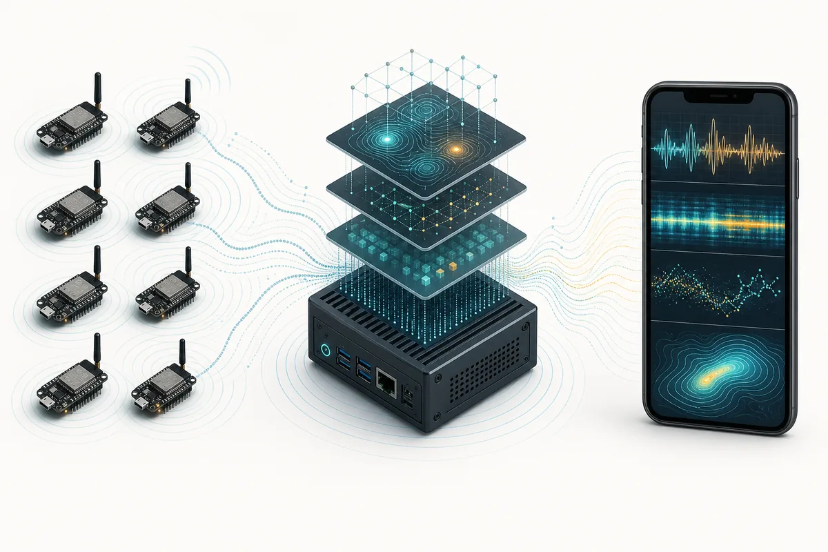Editorial diagram of sensing nodes sending data through a local server to a mobile companion
