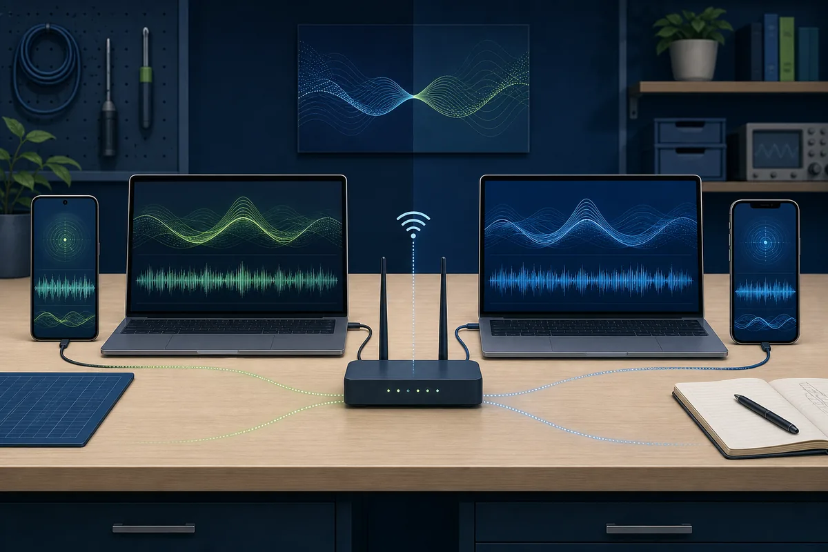 Editorial comparison of Android and iPhone development setups connected to one WiFi sensing server